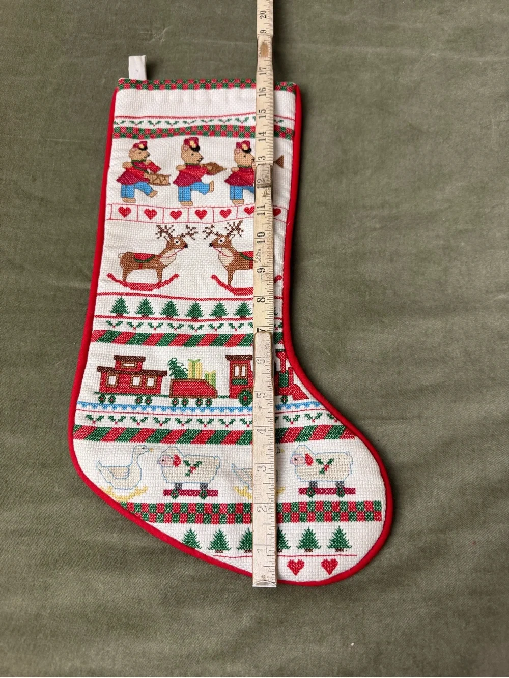 Vintage Cross Stitch Christmas Stocking Handmade 17in Toy Train Bear #OSXMAS